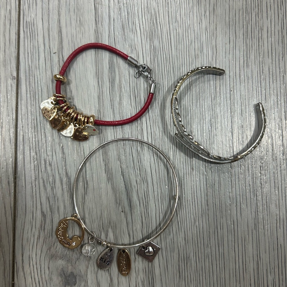 Mixed Metal Charm Bracelets - Red Leather and Silver Tones